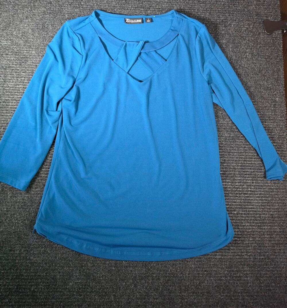 New York & Company 7th Ave Blue Caged Neck Top S